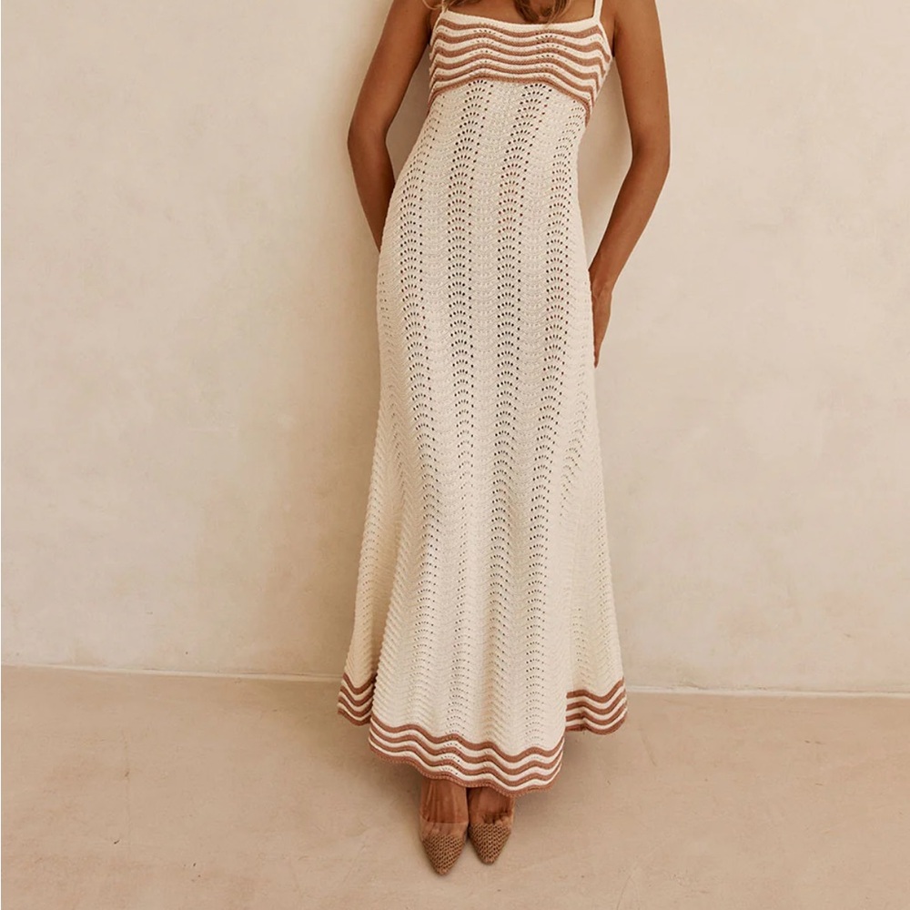 Sabo Skirt White Crochet Maxi Dress with Pink Trim
